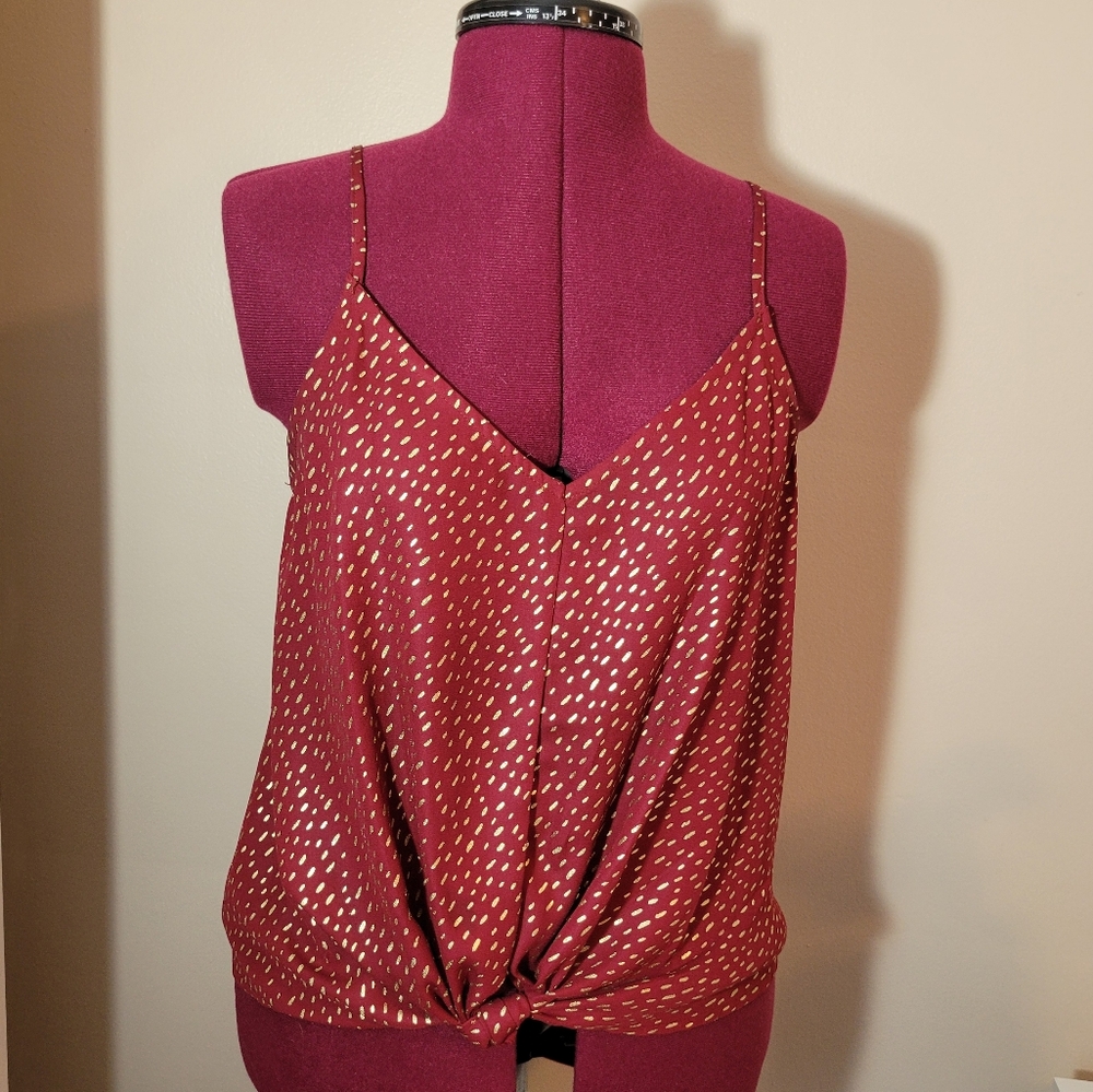 Women's LUSH Knotted Blouse, Red and Gold Patterned, XS